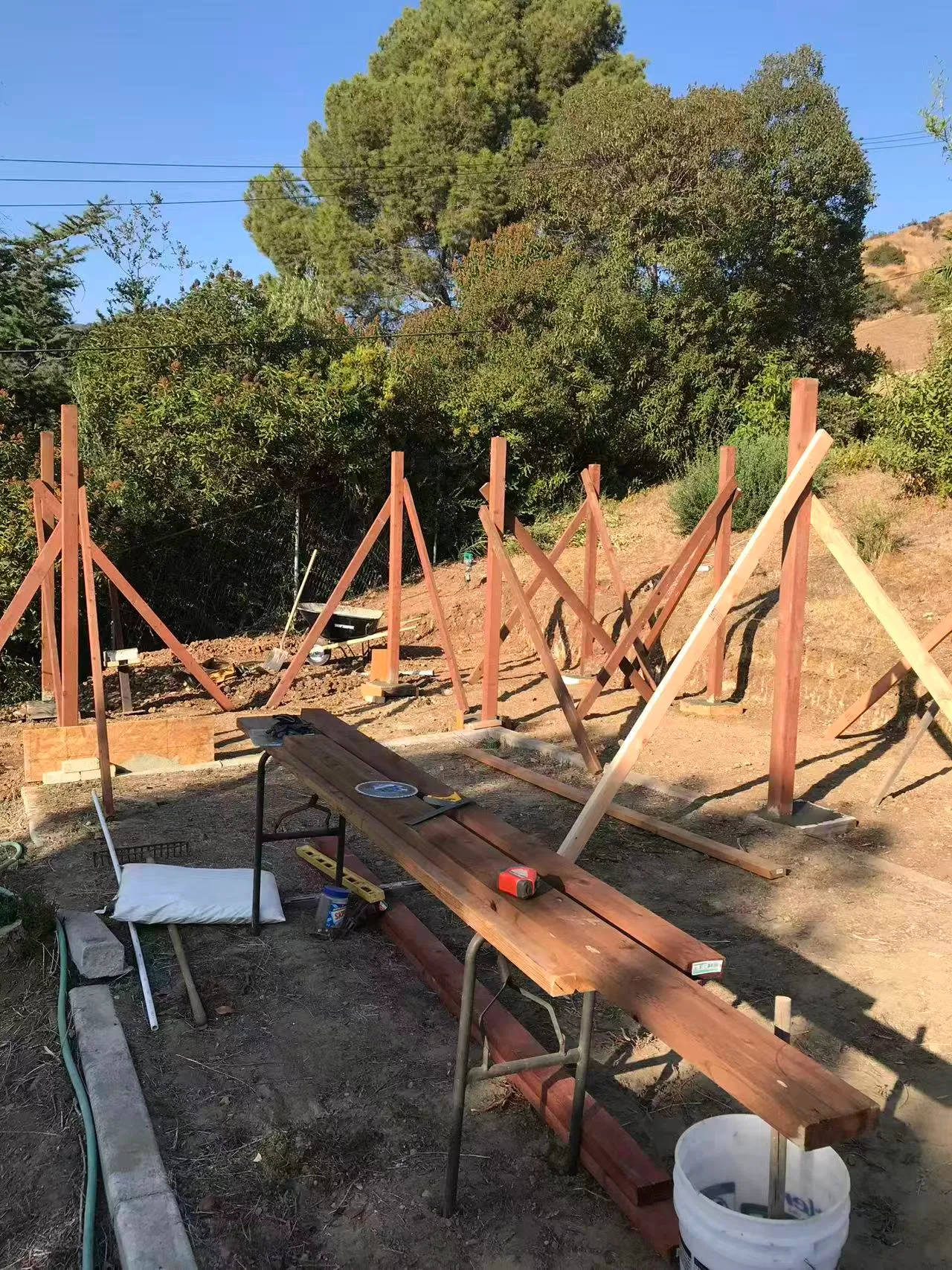 施工中 — 立柱就位，花架骨架成型